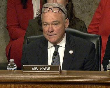 Senator Kaine speaking during committee hearing.