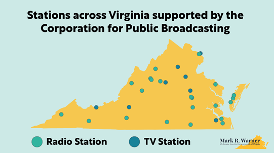 Graphic showing the radio and TV stations across Virginia that are supported by the Corporation for Public Broadcasting.